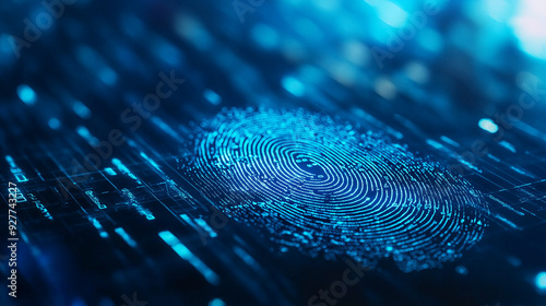 A blue digital fingerprint with data streams flowing around it on a blue bokeh background, symbolizing AI in biometric security