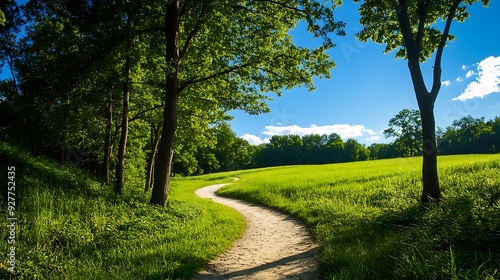 there is a dirt path going through a grassy field with trees