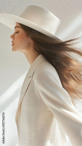 Elegant woman in white suit and hat with flowing hair against a soft light background