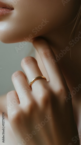 Close-up of a woman's hand gently touching her neck while wearing a gold ring