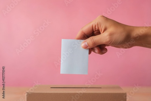 Hand Inserting Ballot into Voting Box on Pink Background for Election Concept