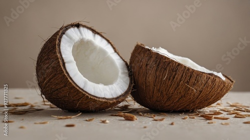 concept natural minimalistic background, beige on coconut whole and Half.