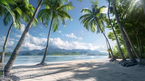 Morning on an idyllic beach surrounded by slender