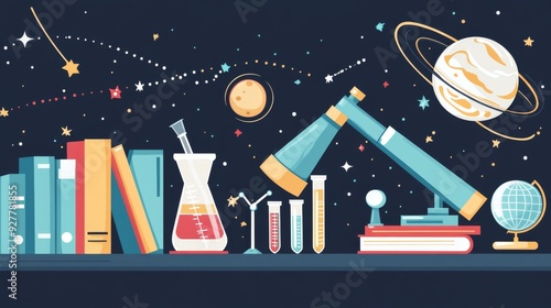 Physics flat concept modern illustration. School subject. Natural science metaphor. Practical class. University course. Student textbooks and school laboratory items.