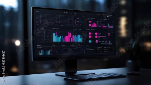 Computer monitor displaying monitoring dashboard with real-time data analytics, graphs