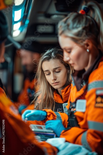 Paramedics conduct portable point of care testing inside an ambulance during an emergency response