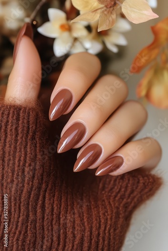 Elegant brown almond-shaped nails displayed with autumn decor in a cozy setting