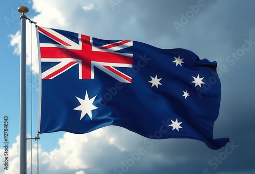 Waving Australian flag under a cloudy sky in a scenic landscape