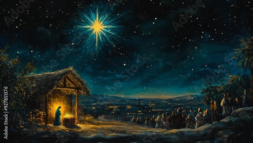 Nativity scene under a bright star with gathered figures at night