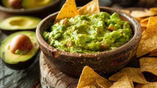 Guacamole avocado mash dip with tortilla chips and fresh avocados.