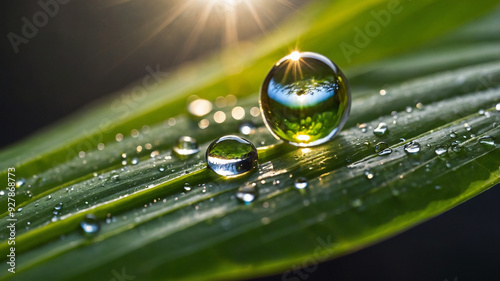 Close-up of water droplets on a vibrant green leaf reflecting sunlight, creating a mesmerizing scene.