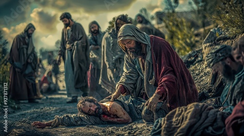 Compassionate depiction of the Parable of the Good Samaritan, showing the Samaritan aiding an injured man by the roadside, with other figures observing or passing by in the background.