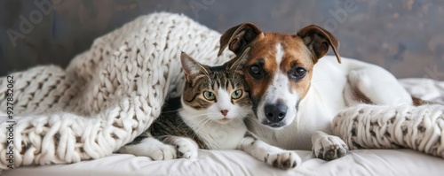 Dog cuddling with a cat on a cozy bed, National Dog Day, unexpected friendship