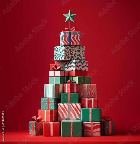 christmas tree made of stacked gift boxes on red background. Season greetings concept