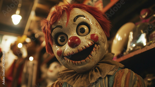 A scary Halloween clown doll stares into the camera with a frightening smile in a costume store