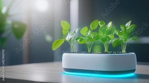 A high-tech garden with robotic gardening tools and neon-infused plant pots, growing lush greenery.