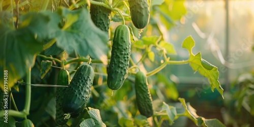 Ripe cucumbers cultivated on a vine in a greenhouse