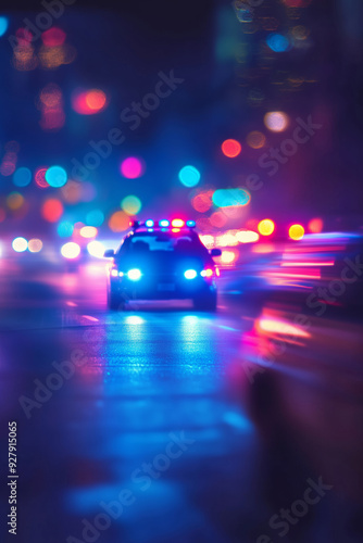 A vibrant city street illuminated at night with a police car and blurred lights creating an urban atmosphere of safety and activity