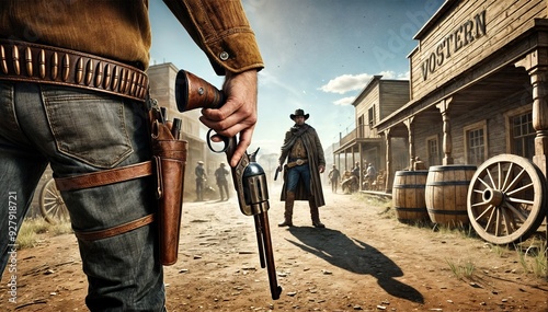 Western cowboy standoff in an old town street with revolvers drawn