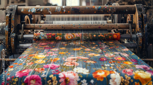 Jacquard loom weaving a floral tapestry with intricate designs