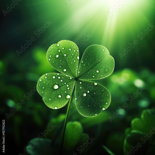 Dew-Covered Four-Leaf Clover in Sunlight