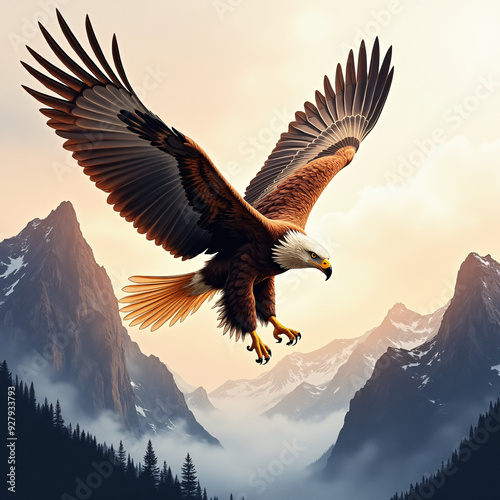 Dynamic watercolor image of a majestic eagle soaring high against the backdrop of a dramatic mountain range