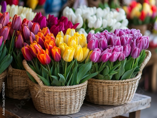 Vibrant tulips at outdoor market stall, showcasing the essence of spring in a colorful display