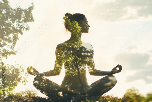 Double exposure of young woman meditating in nature, creating captivating yoga photography art