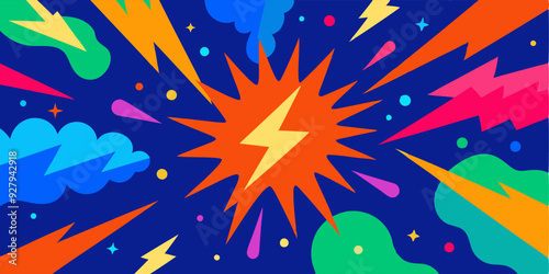 A vibrant and energetic abstract background featuring lightning bolts, stars, and abstract shapes in a dynamic composition. Perfect for adding a bold and modern touch to your designs.