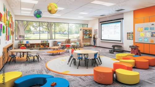 Modern Classroom Interior Design with Colorful Furniture.