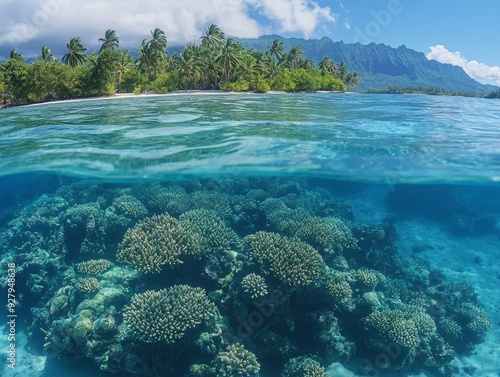 Tropical island motus with lush palm trees and healthy coral reef in south pacific on taha a