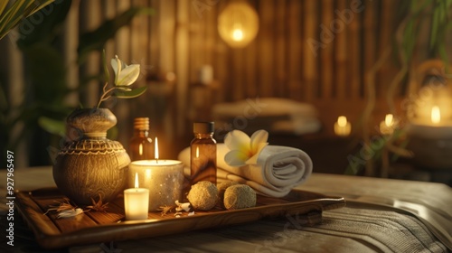 A serene Thai massage room with a lit candle, essential oils, and herbal compress balls on a wooden tray.