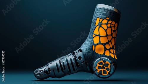 monopodal prosthetic with a customized fit, showcasing its coordinated human skin and it metal part, lightweight and flexible features for competition athletic activity,