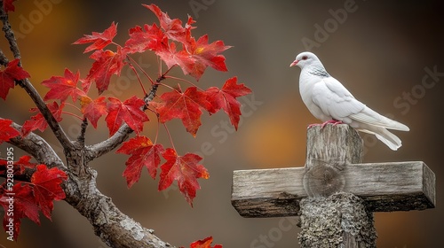 Hope Springs Eternal: A Resilient Tree with Crimson Leaves and a Peaceful Dove Nestled on a Rustic Cross Against a Bleak Autumn Sky.enhances the spiritual message of renewal and peace.