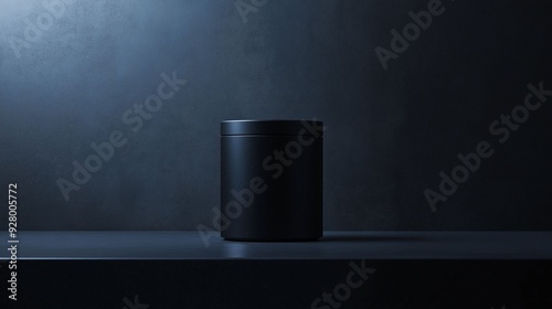 A sleek, black cylindrical metal container sits on a dark surface against a moody background.