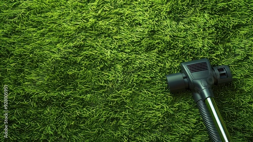 A black vacuum cleaner head on a green shag carpet.