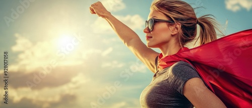 Empowered woman in sunglasses and a red cape stands confidently against a bright sky, embodying strength and determination.