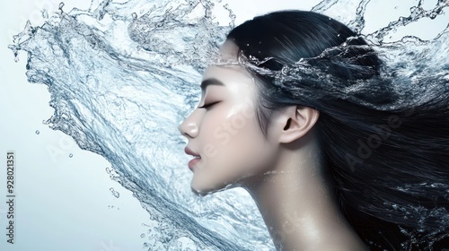 Woman with long black hair standing in front of a water splash, eyes closed.