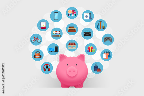 Piggy bank and purchases, concept of money saving and spending