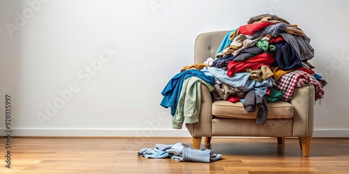 Messy clothes pile covering a chair in a simple room , clutter, disorganization, messy, untidy, clothing, chair, interior