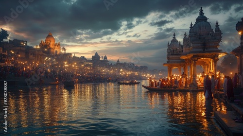 A serene Ganga riverbank with devotees performing evening aarti under a dusky sky, symbolizing spiritual connection and deep Indian beliefs.