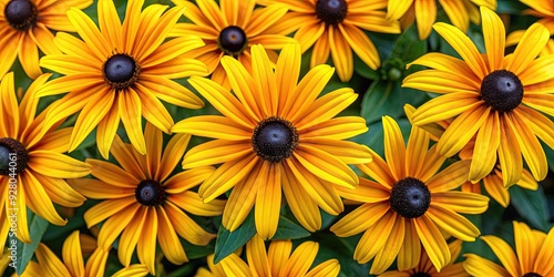 Top view of beautiful black eyed susan rudbeckia flowers, flowers, black eyed susan, rudbeckia, yellow, petals, blooming, garden