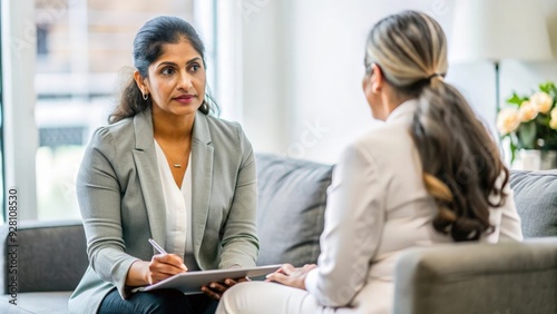 Indian Psychiatrist in Office - Indian female psychiatrist in her office, engaging in a therapeutic session with a patient, demonstrating empathy and professionalism. 