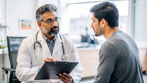 Indian Urologist with Patient Consultation - Indian male urologist discussing treatment options with a patient in a clinical setting, emphasizing specialized care in urology. 