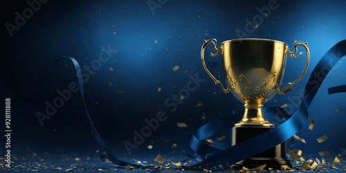 Golden trophy cup dark blue background is center Golden trophy a