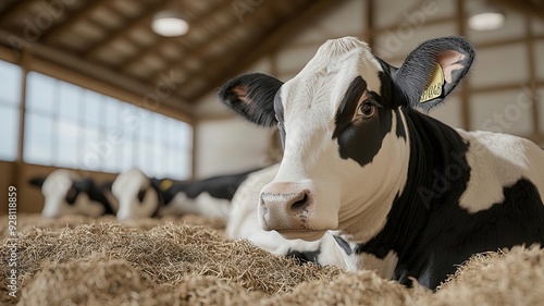 Cows lounging in a comfortable barn with deep bedding and automatic brushes, enjoying enrichment and care, photo-realistic, high standards of animal comfort