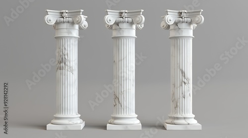 Three white marble columns with intricate details against a gray backdrop.