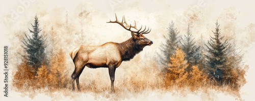 A majestic elk stands gracefully in a beautiful forest, surrounded by vibrant foliage and tall trees, exuding strength and serenity.