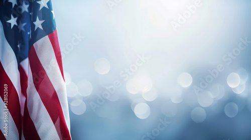 Realistic USA flag on blue blurry sky background