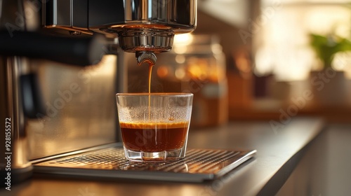 A visually captivating close-up of a perfect espresso pour, with rich, dark espresso flowing from a professional machine into a clear glass cup